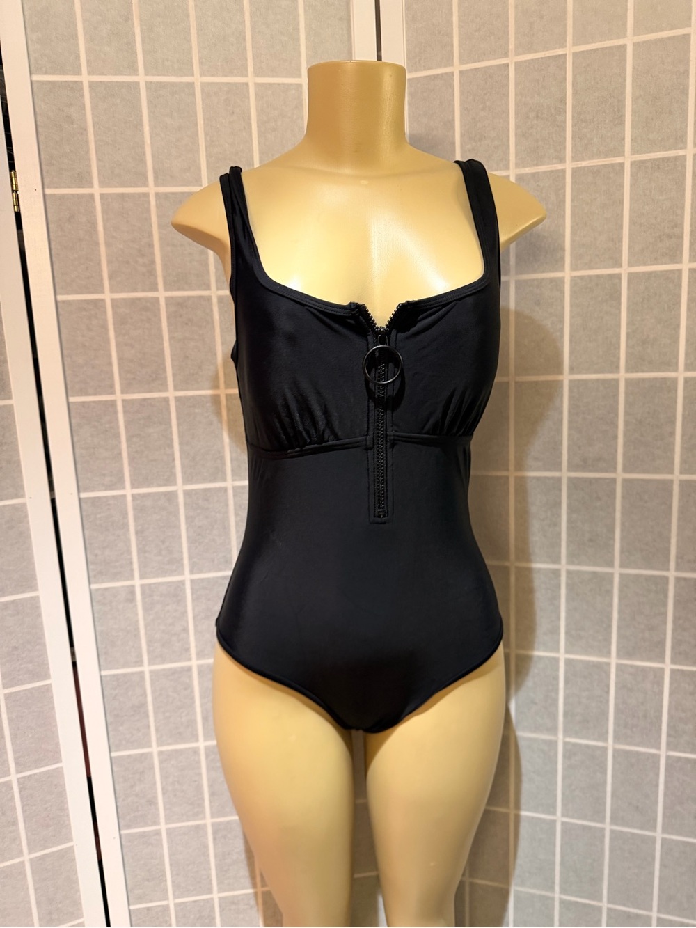 Tummy Control Black Zip-Front  One-Piece Swimsuit